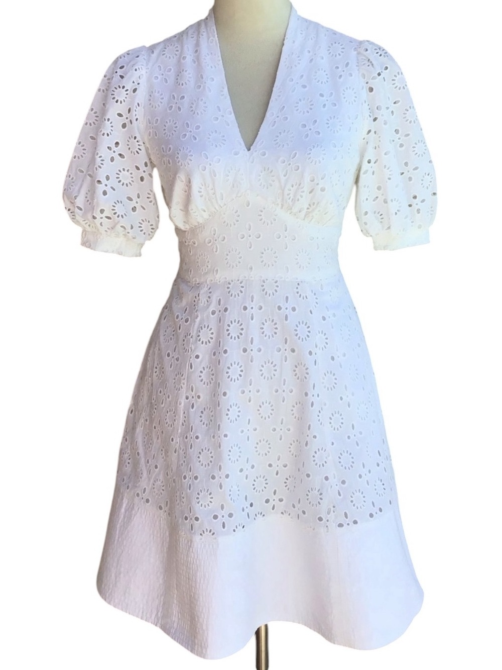 Eshakti White Eyelet Puff Sleeve Cotton Mini Dress